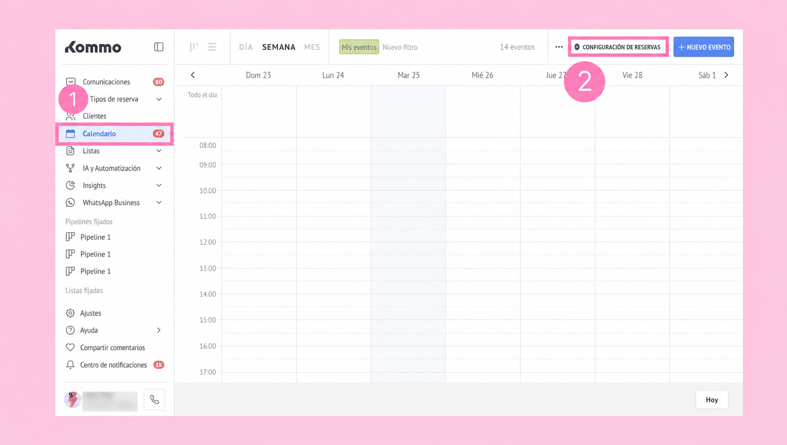 Kommo interface showing calendar and reservation settings with highlighted options.
